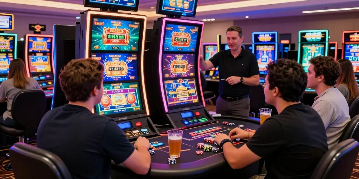 Players enjoying interactive games at bonus buy casinos with vibrant screens and lively atmosphere.