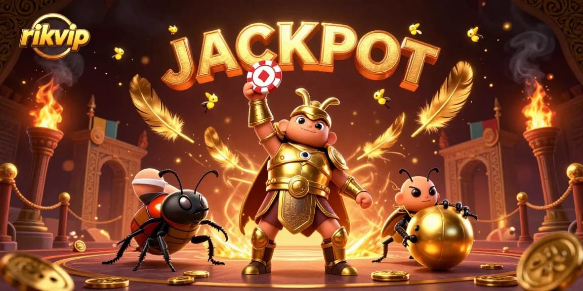 rikvip's exhilarating casino scene featuring a victorious beetle mascot celebrating a big win with vibrant elements.