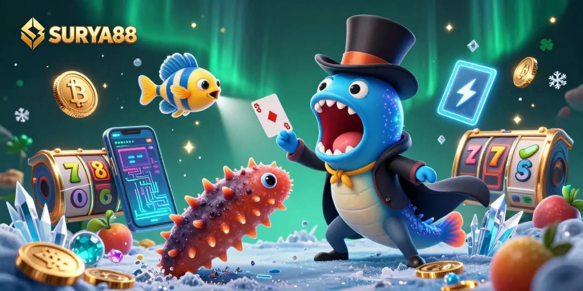 SURYA88 showcases a magical underwater casino scene with 3D characters and vibrant crypto elements.