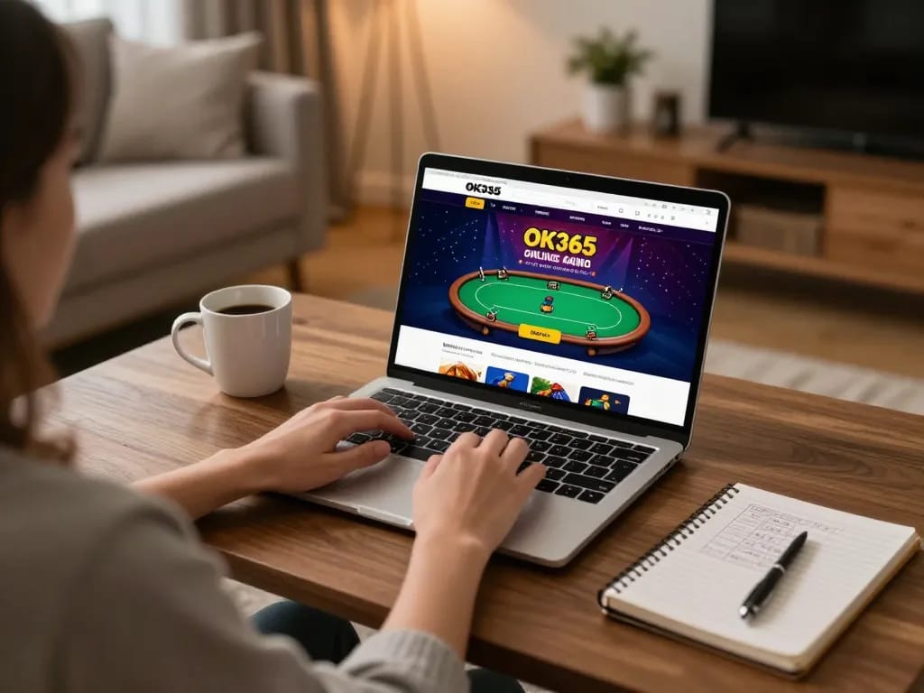 Engaging in online gaming on OK365 from a cozy home setup, showcasing poker interface.