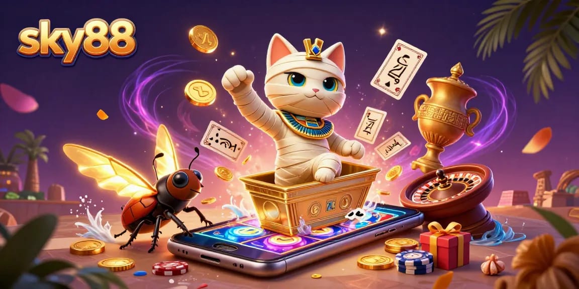 Experience thrilling action at sky88 with ancient Egyptian characters amidst vibrant gaming elements.