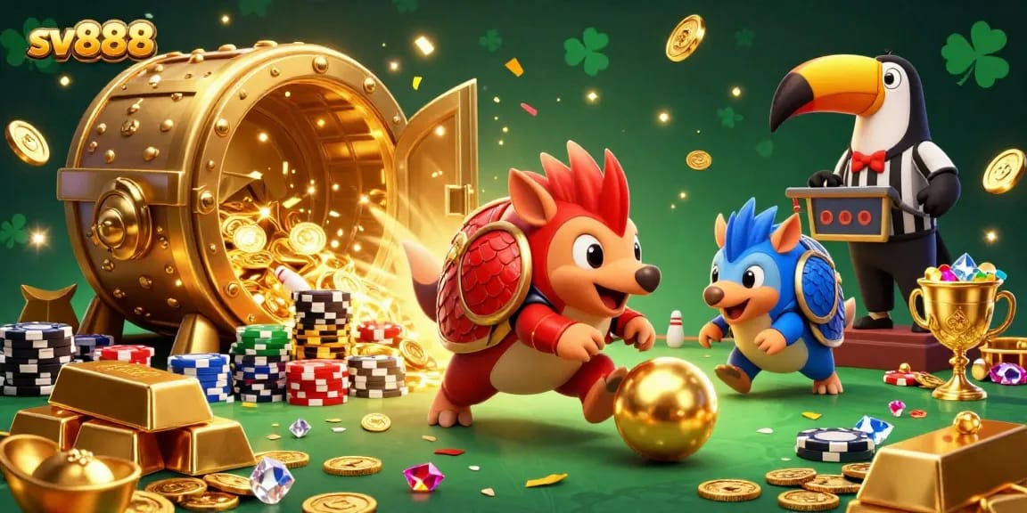 Engage with sv888 as rival pangolins roll golden balls in a vibrant casino scene.