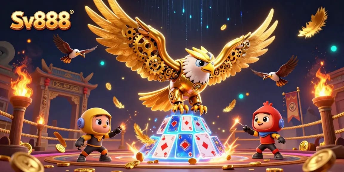 Engage in dynamic play at Sv888, with holographic cards and golden eagles soaring through an electrifying casino environment.