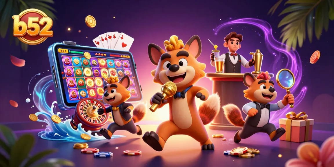 Experience vibrant b52-themed casino fun with hyenas in a comedy club scene filled with games.