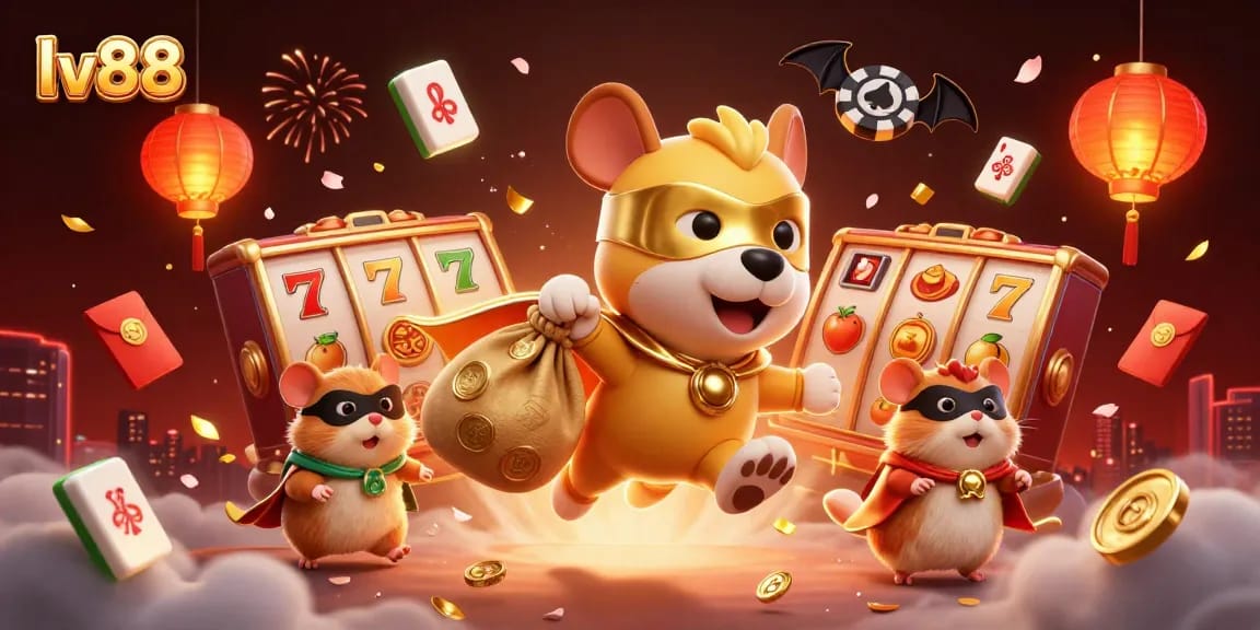 Join the fun at lv88 as the superhero dog and sidekick soar over spinning slot reels, celebrating winning moments!