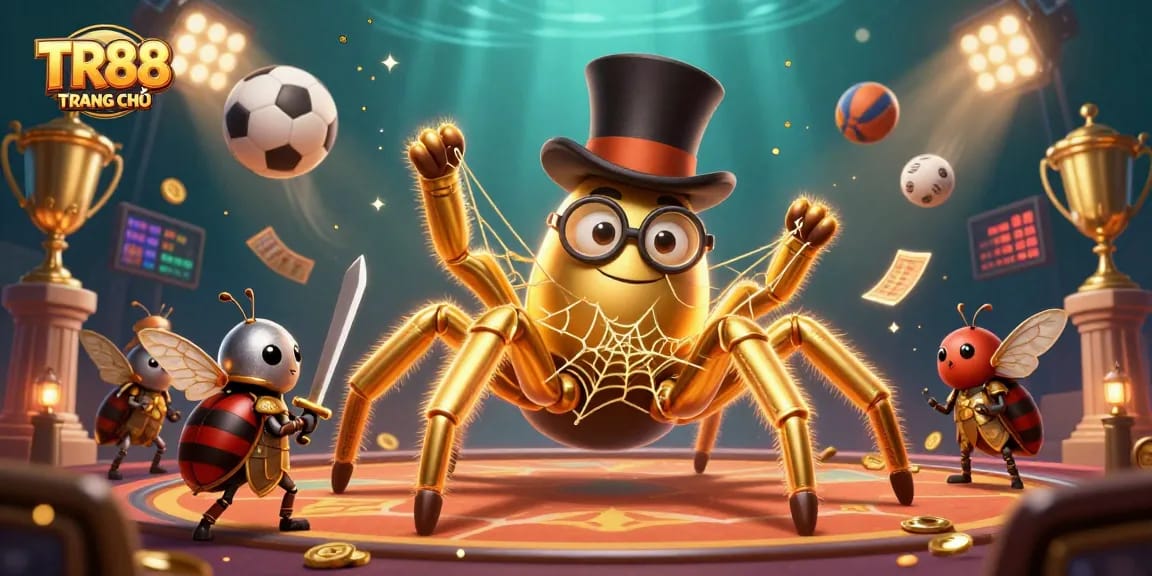 Experience thrilling action at TR88 TRANG CHỦ featuring a golden tarantula and daring beetle knight in a vibrant casino scene.