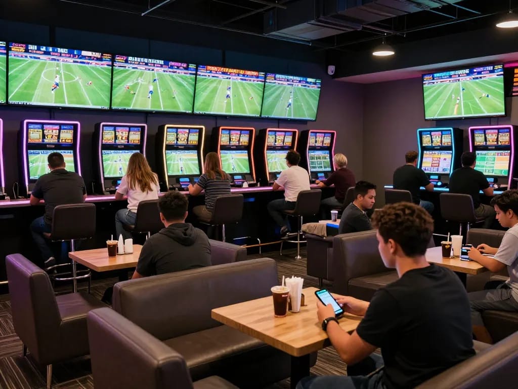 The thrill of placing real-time bets on tỷ lệ kèo nhà cái in a lively sports betting lounge.