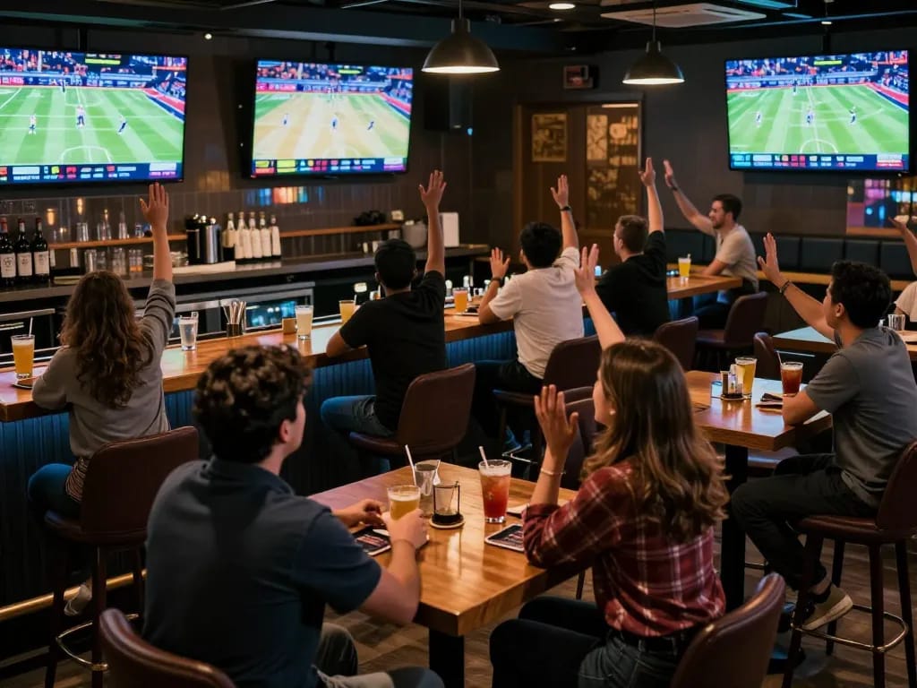 Patrons excitedly engaging with keonhacaii sports betting, placing bets in a lively sports bar atmosphere.