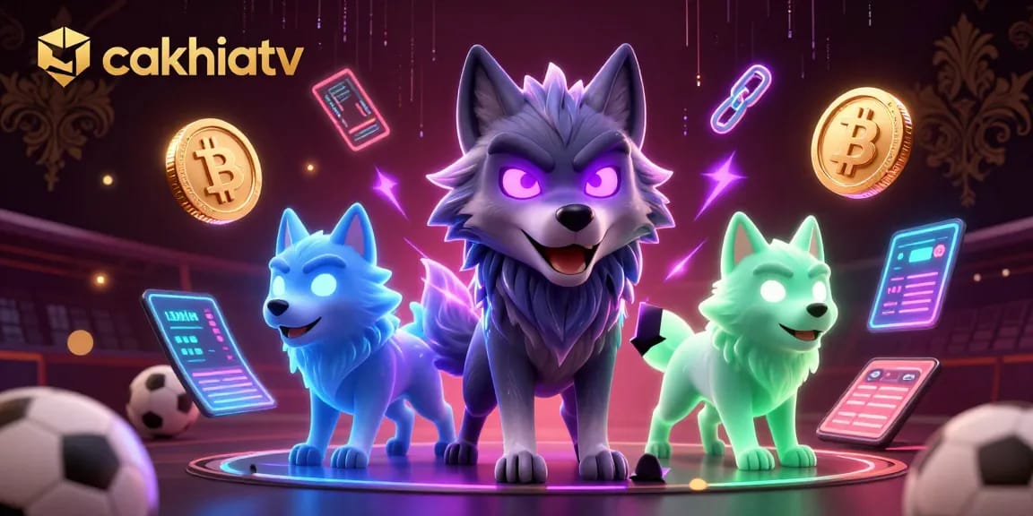 Your guide with CakhiaTV leads an exciting sports betting experience, featuring crypto elements and vibrant gaming symbols.
