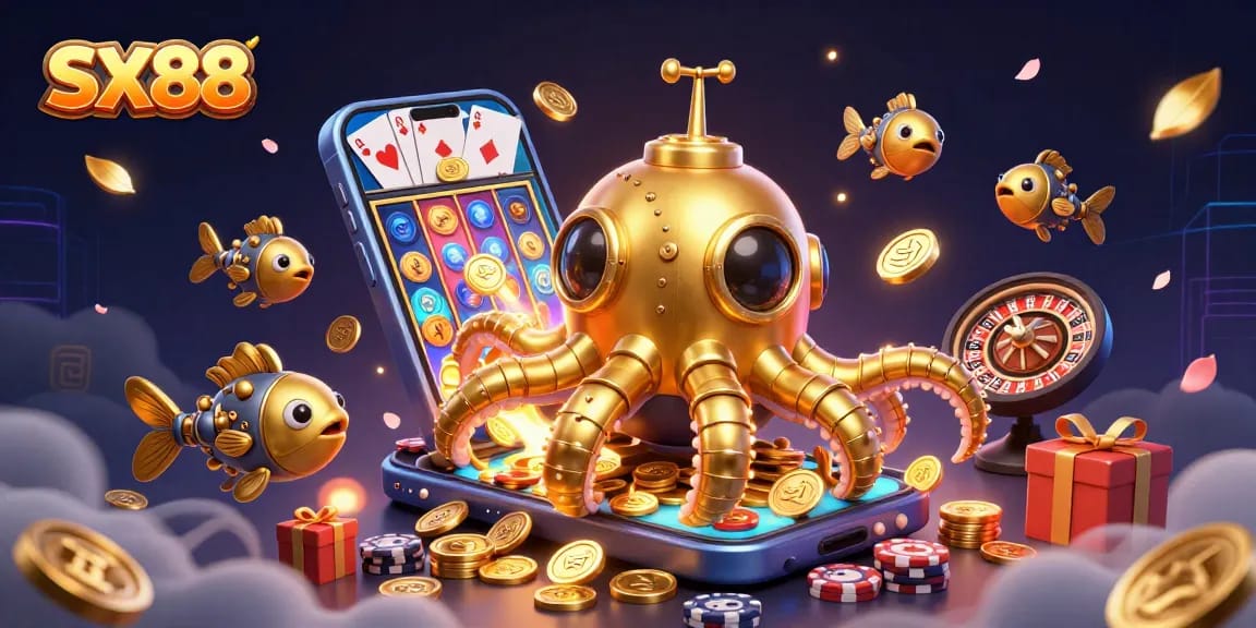 SX88 showcases a golden kraken submarine in a sea of coins with vibrant slot game elements and dynamic gaming action.