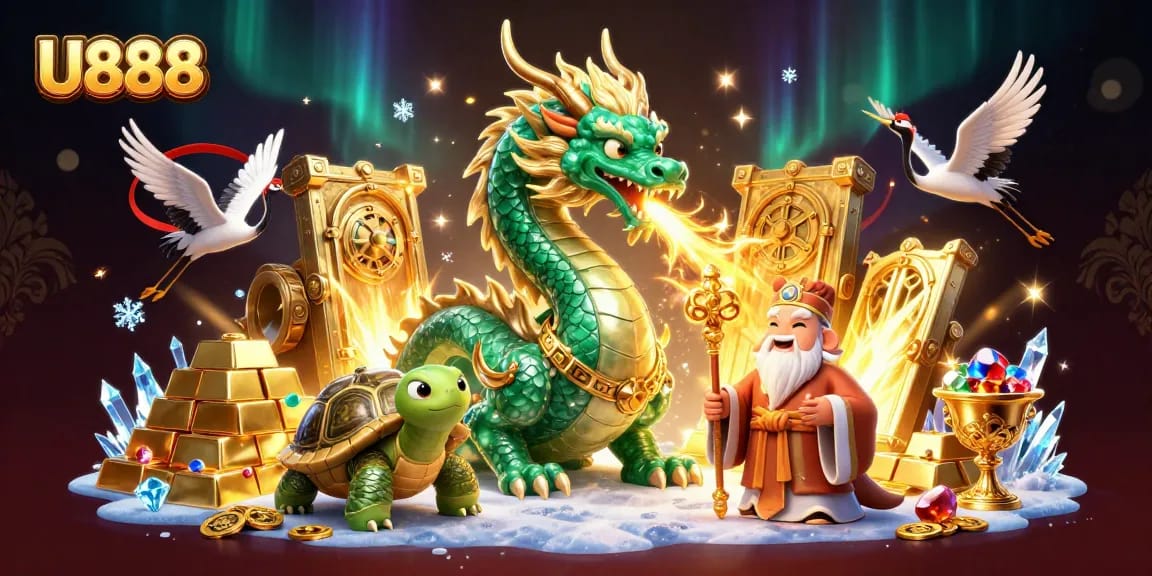 Experience thrilling wins at U888 with an emerald dragon and golden treasures in this vibrant 3D casino illustration.