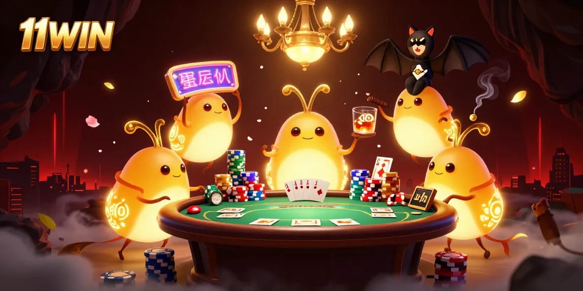 Experience fun with 11WIN's lively casino scene featuring glowworms and card games.