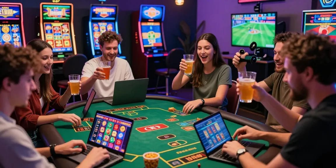 LUCK8 online casino players enjoying a vibrant gaming atmosphere with friends.