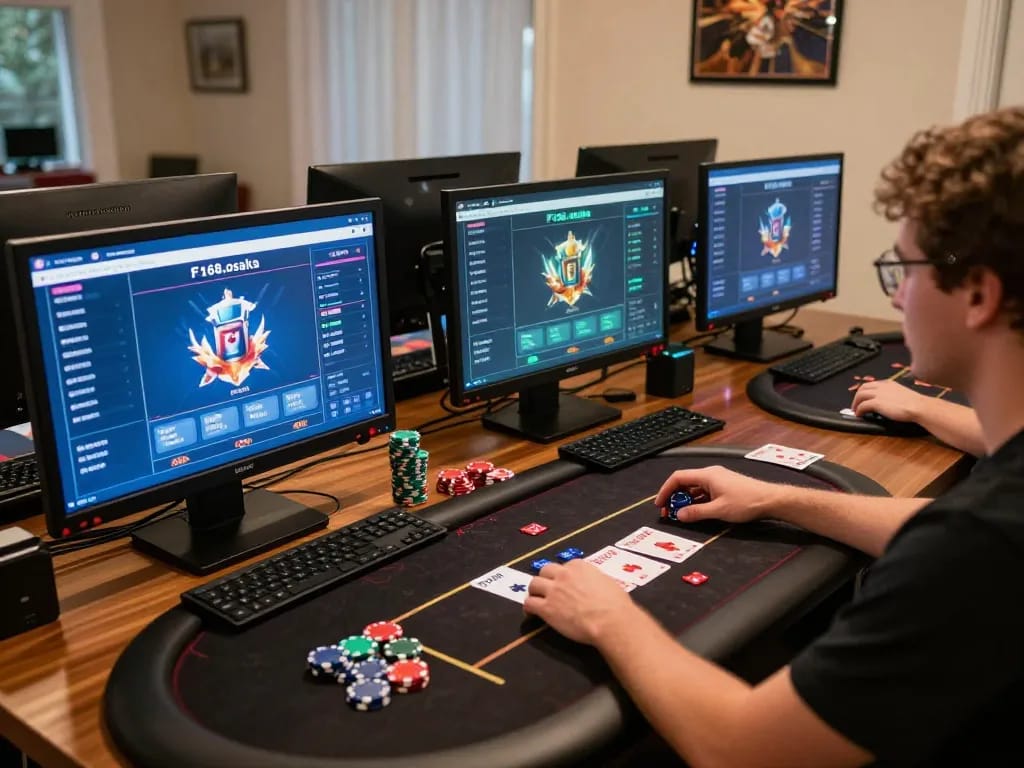 Engaging with F168.osaka online gambling setup, featuring poker and chips in vibrant atmosphere