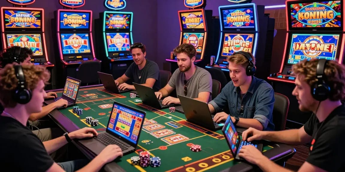 Engaged players exploring online credit card casinos with laptops and tablets, showcasing vibrant casino graphics.