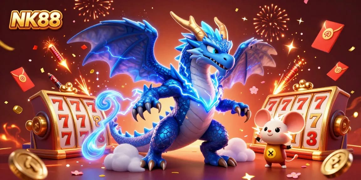 Experience thrilling excitement at NK88 with a dynamic casino illustration showcasing games and vibrant characters.