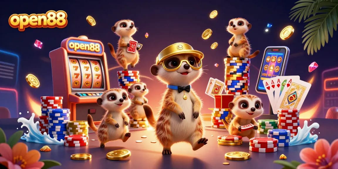 Enjoy an engaging scene at open88 where meerkats run a vibrant casino operation packed with fun elements.