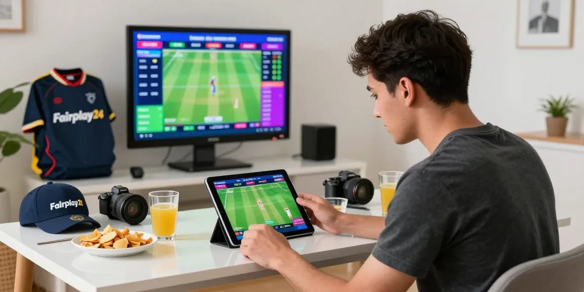 Enthusiastic bettor using Fairplay24 for live cricket betting at home with vibrant atmosphere.