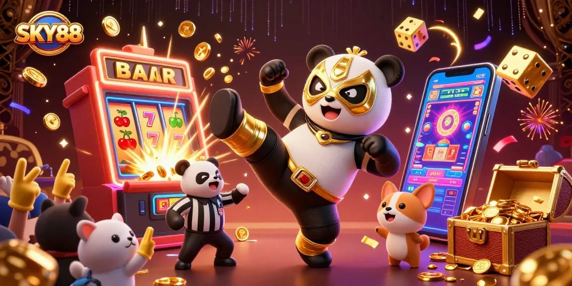 Experience thrilling jackpots at SKY88 with a panda wrestler and a referee in a vibrant casino scene.
