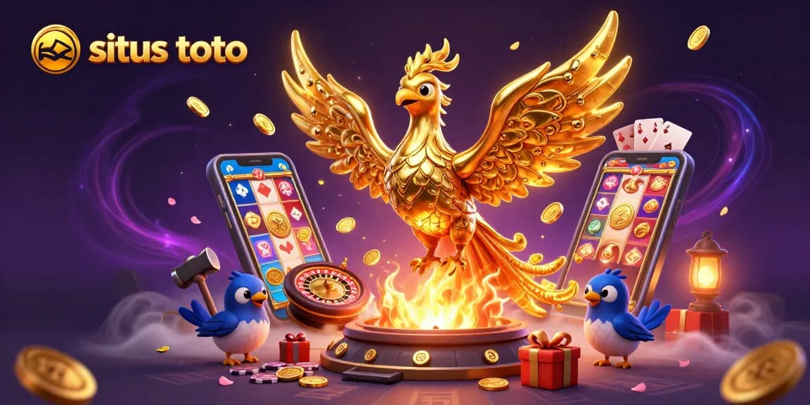Situs toto illustrates a golden phoenix amidst casino games, embodying thrilling gambling adventures.