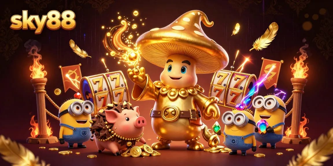 sky88 captures the excitement of winning in a dynamic casino scene with magical characters and game elements