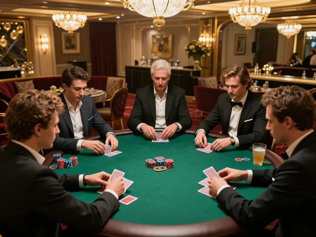 Competitive poker atmosphere at mm88star's private gaming room with tense players and elegant setup.
