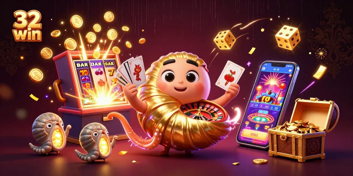 Grab your winnings at 32 win with a vibrant jackpot explosion and glowing casino elements.