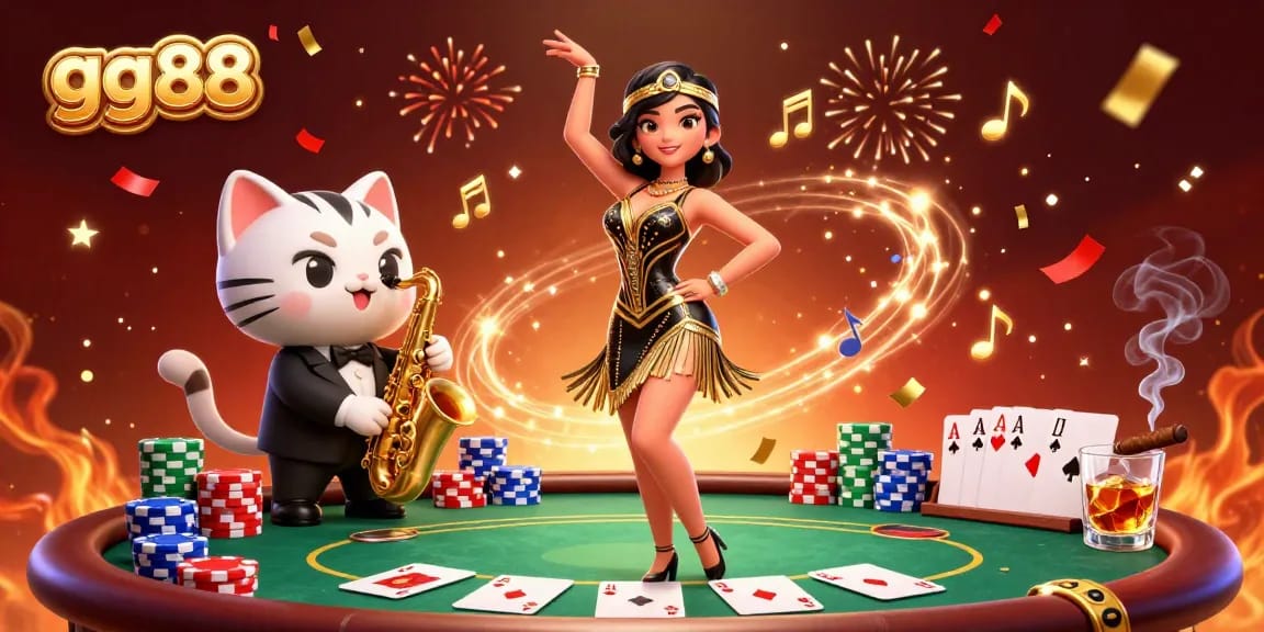 Engage in exciting gameplay experiences at gg88 with vibrant 3D casino scene featuring poker, chips, and a dancing character.