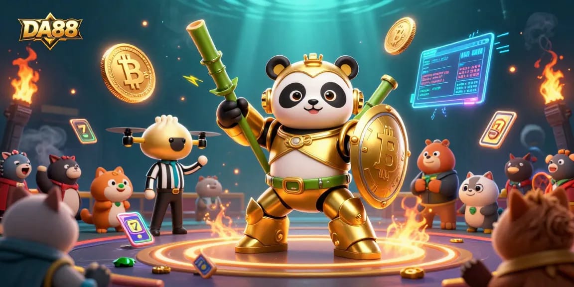 Experience the thrilling world of DA88 with a vibrant 3D casino battle scene, featuring a mech-suit panda and crypto elements.