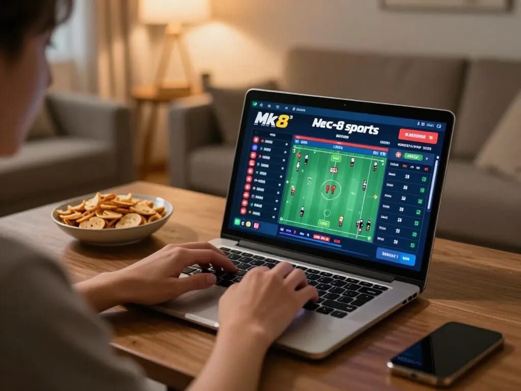 Engaging in mk 8 sports betting on a laptop at home with warm and cozy atmosphere.