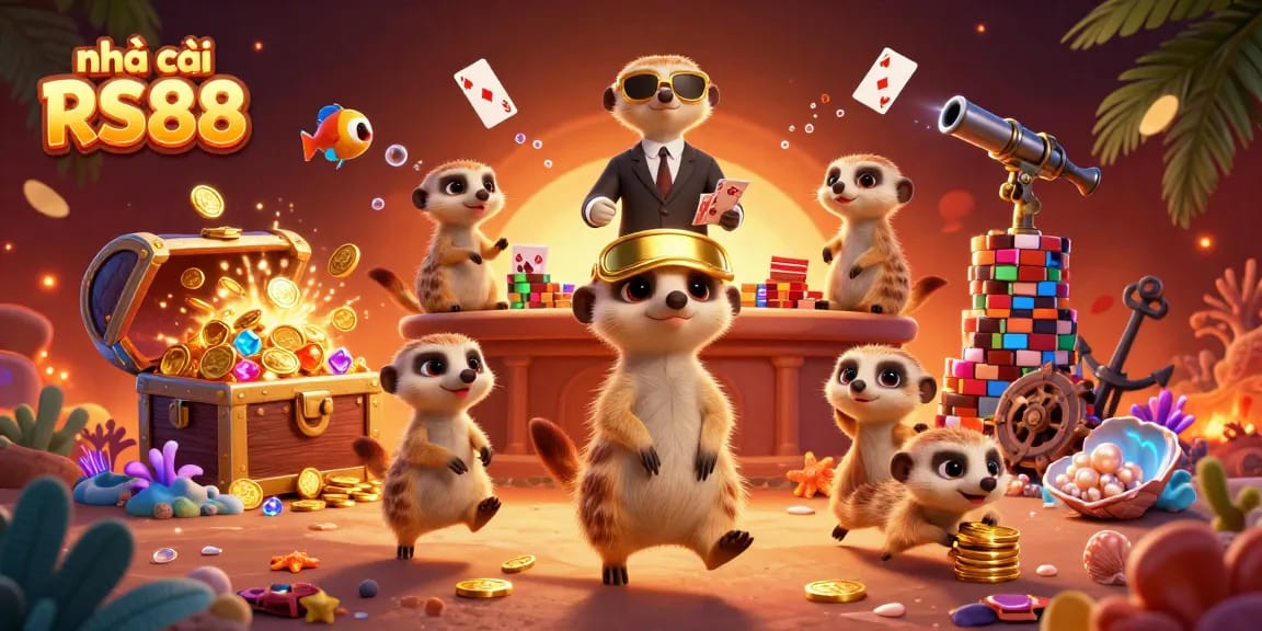 Experience thrilling action at nhà cái RS88 with meerkats running a vibrant casino, surrounded by gold and gems.