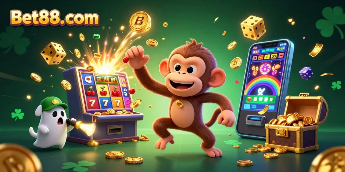 Join the excitement at Bet88. com with this vibrant casino scene featuring a playful poltergeist monkey.