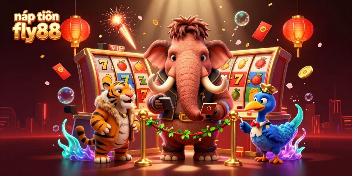 Engage in nạp tiền fly88 with colorful casino elements and characters in a vibrant, dynamic scene.