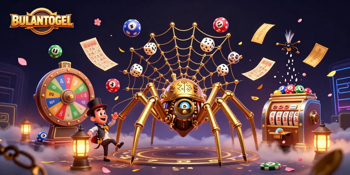 BULANTOGEL captures the excitement of a lively casino scene with dynamic lottery actions.