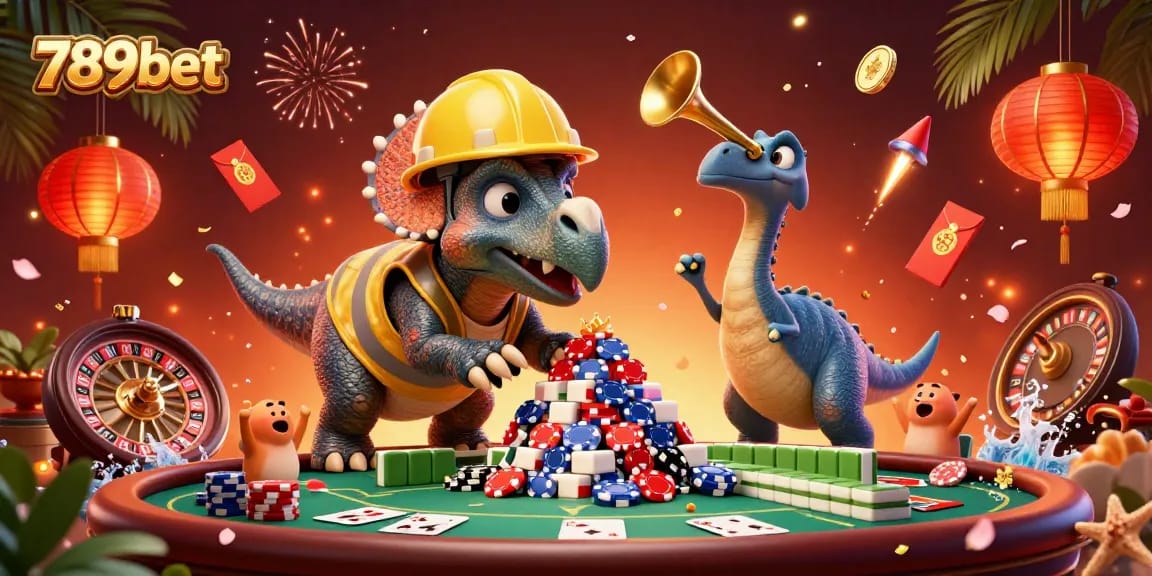 Engage with winning strategies at 789bet, where animated dinosaurs celebrate poker triumphs.