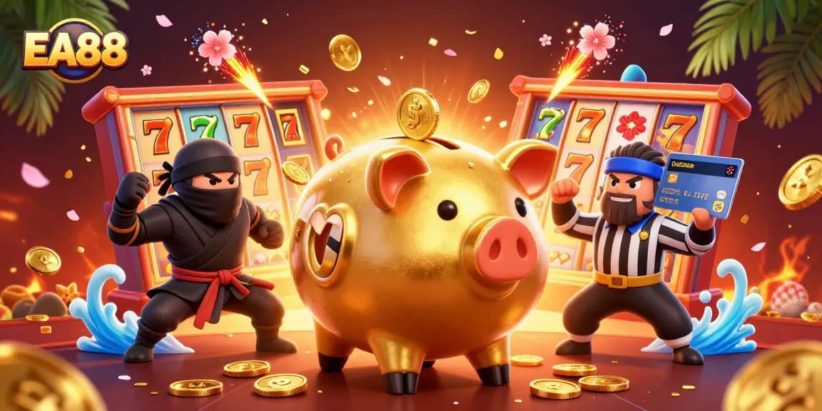 Join the fun with EA88's vibrant casino action featuring slot machines and joyous characters.