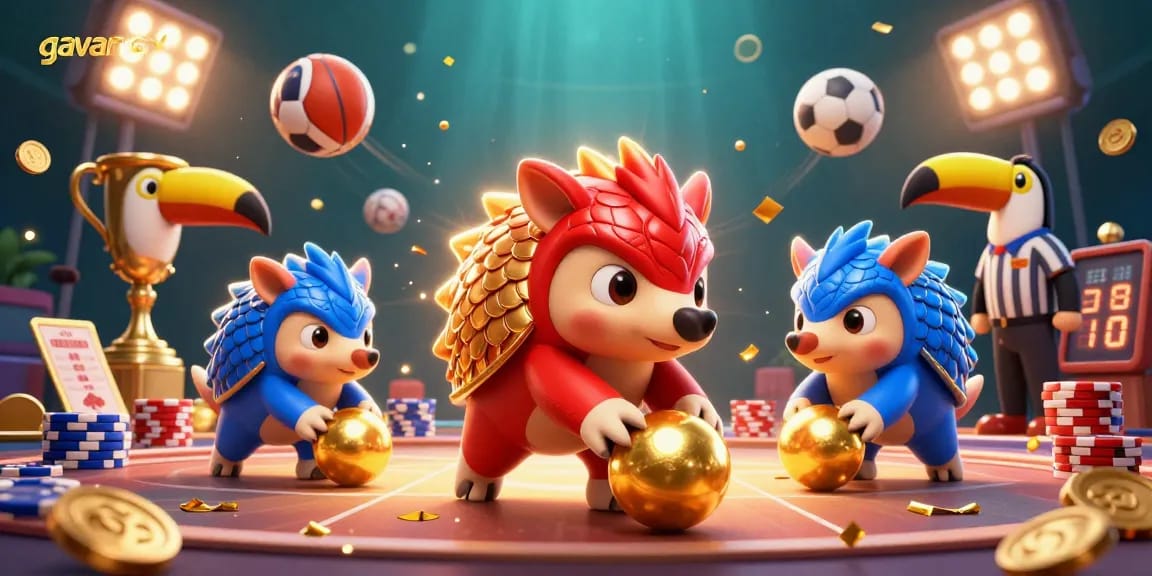 Join the exciting action of gavangtv as armored pangolins roll into golden balls, surrounded by dynamic sports elements.