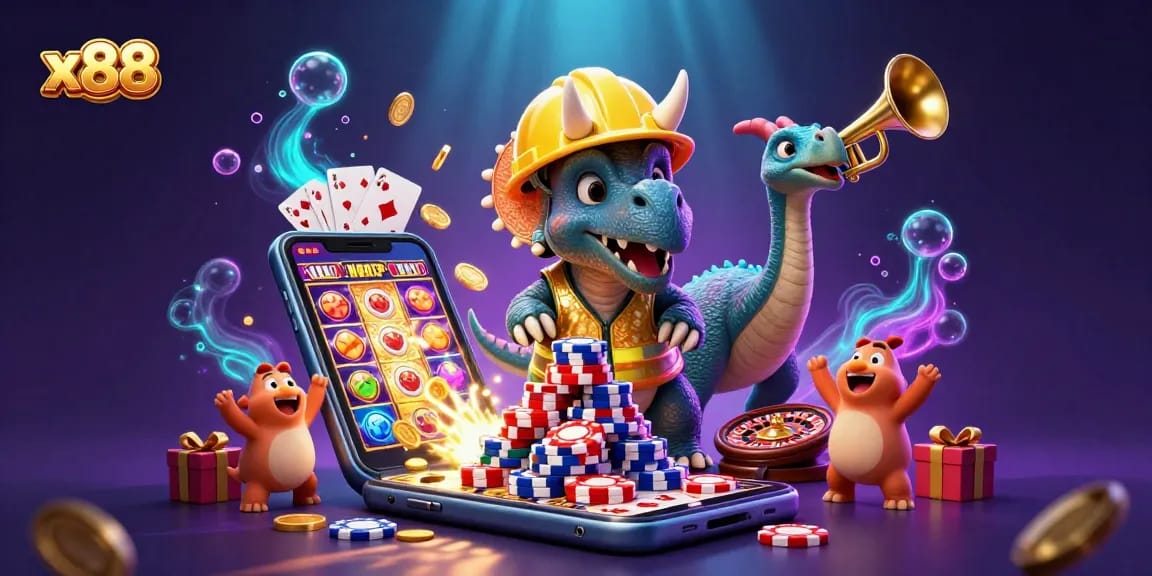 x88 players celebrate big wins with a 3D triceratops theme in an exciting casino scene