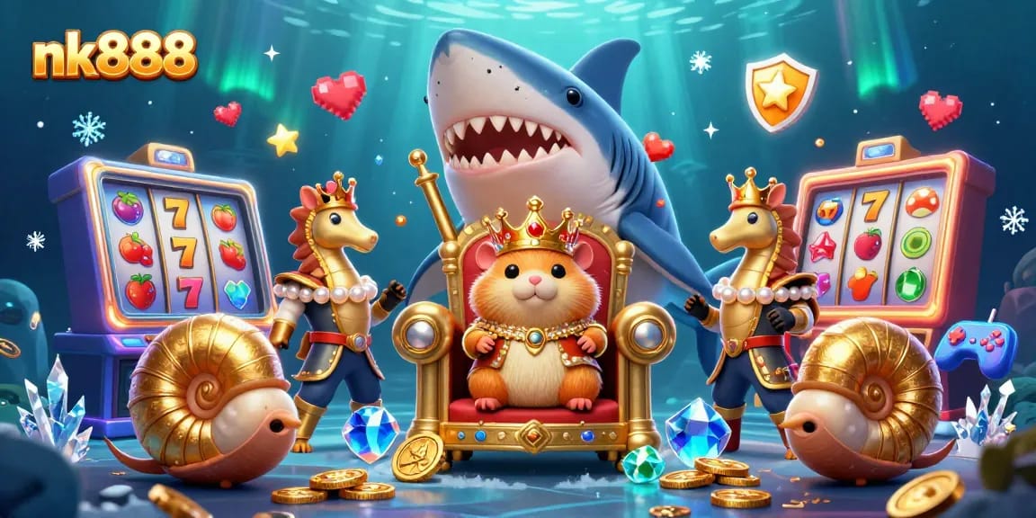 Spin to win on nk888 with a golden hamster king amid vibrant slot machines.