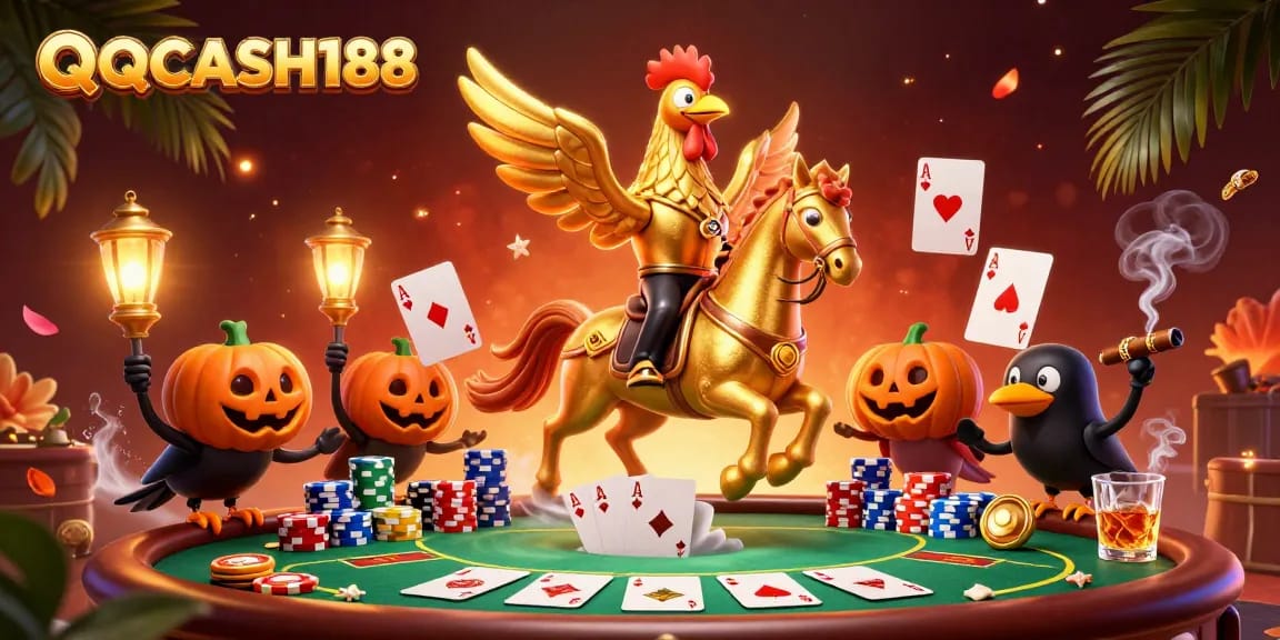 Join the excitement at QQCASH188 with a vibrant casino scene featuring a golden rooster and poker elements.