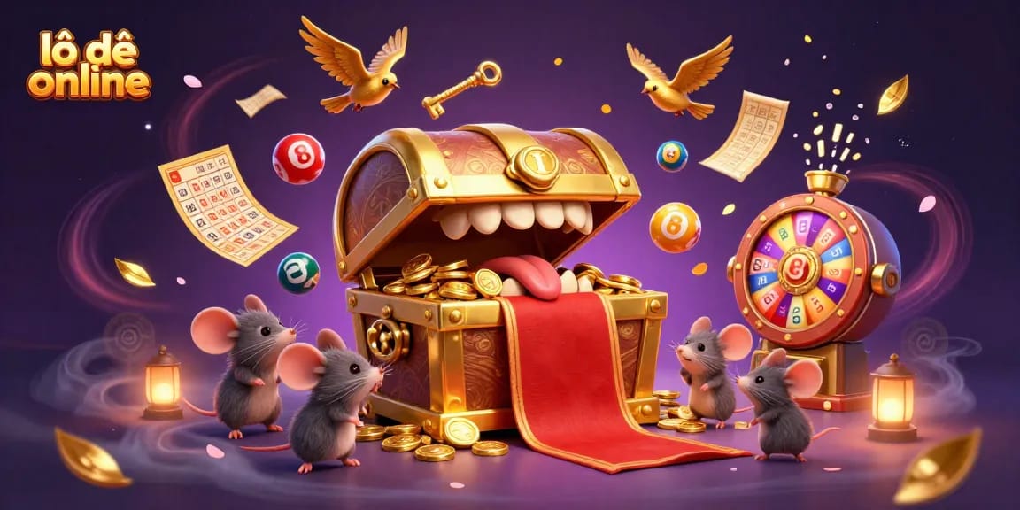 Engaging lô đề online scene with colorful lottery balls and a treasure chest for online gamblers.