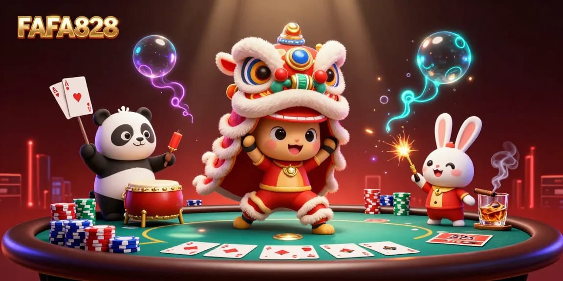 Experience FAFA828 with a vibrant 3D illustration showcasing lively characters in a dynamic casino scene.