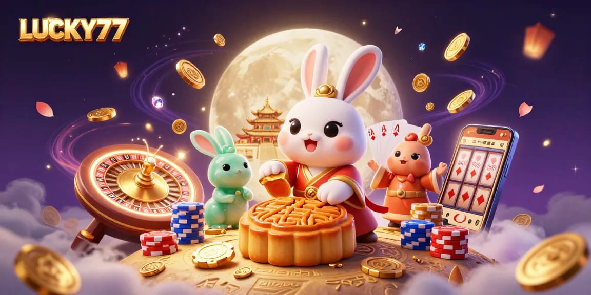 Engage with LUCKY77 in a vibrant 3D casino scene featuring mythical elements and dynamic game symbols.