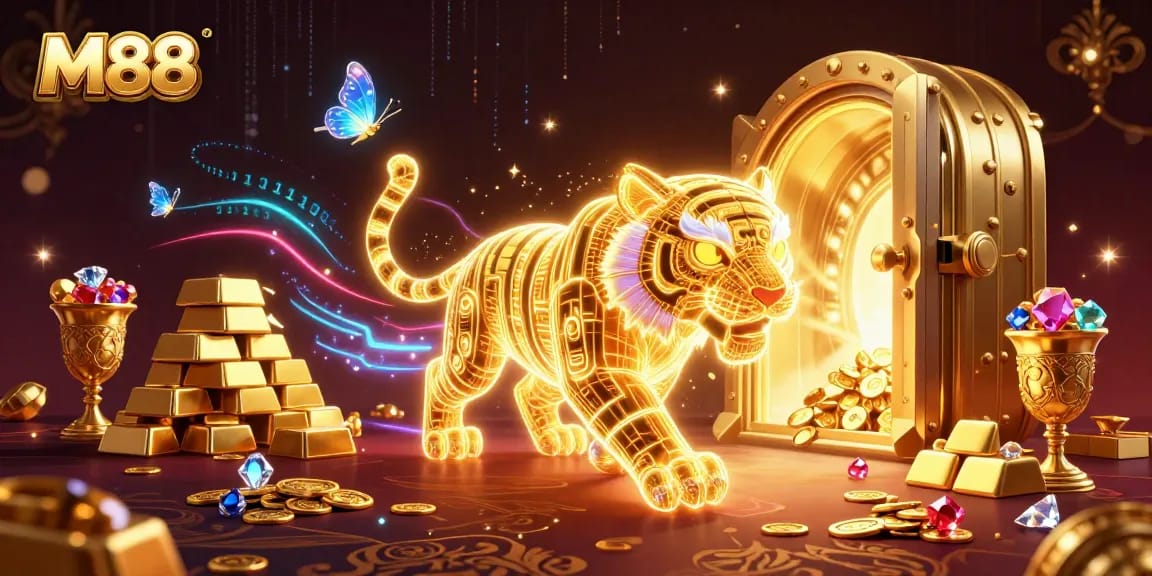 M88 offers a high-energy casino experience featuring a glowing tiger and dazzling treasures in a vibrant digital landscape.