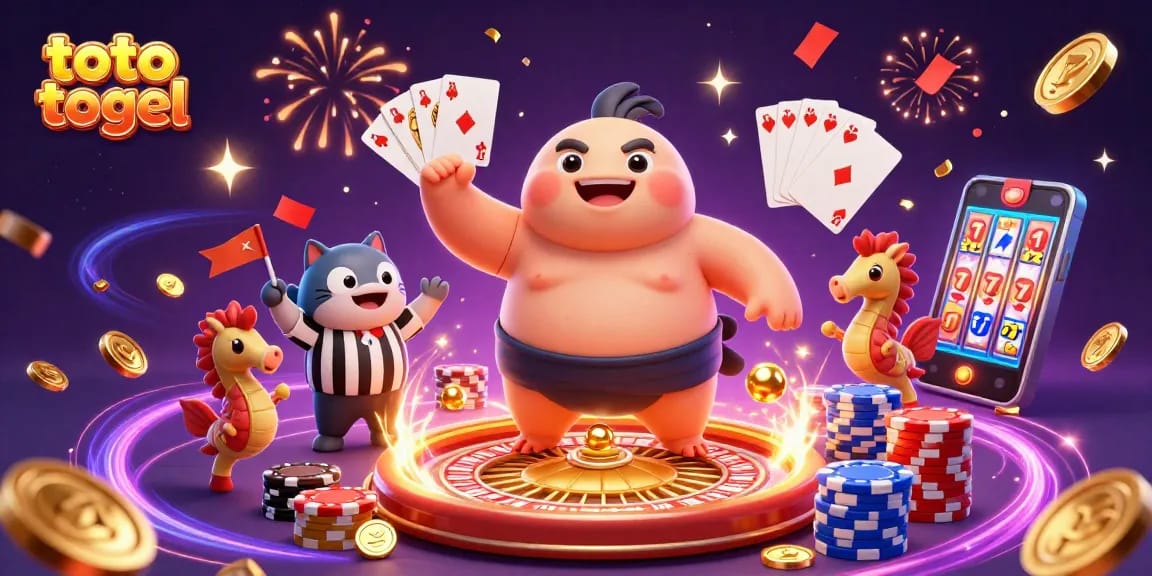 Experience thrilling toto togel excitement with a lively underwater casino scene featuring a fugu, catfish referee, and seahorse fans.