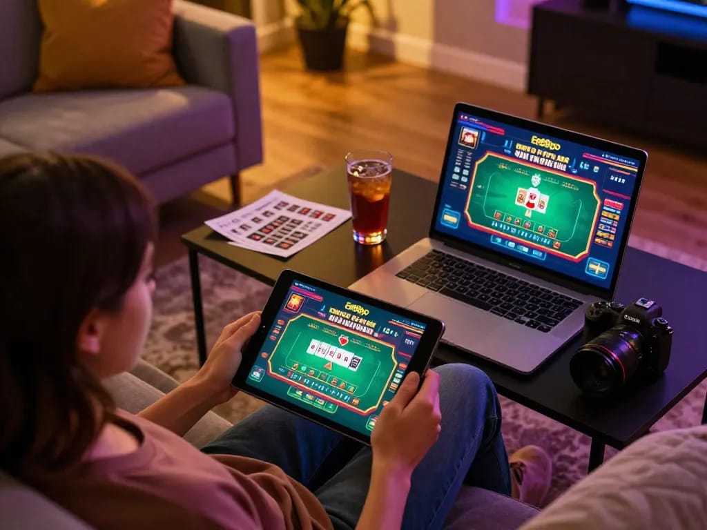 Player using Ee88go tablet for online gambling, creating a cozy and responsible gaming atmosphere.