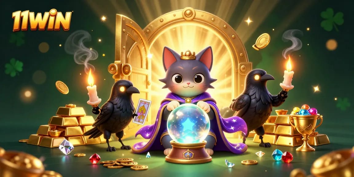 Engage with 11WIN featuring a mystical cat, tarot raven, and candle flames in a vibrant, playful casino scene.