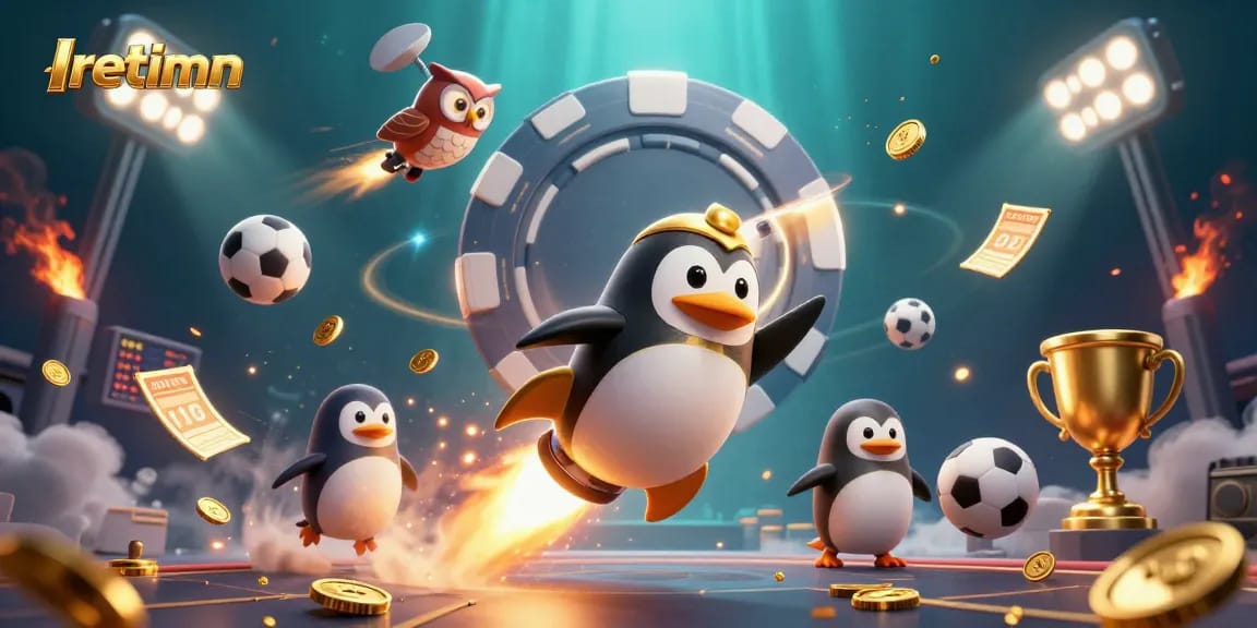 Iretimn showcases a golden penguin racing through a vibrant space casino, surrounded by sports elements.