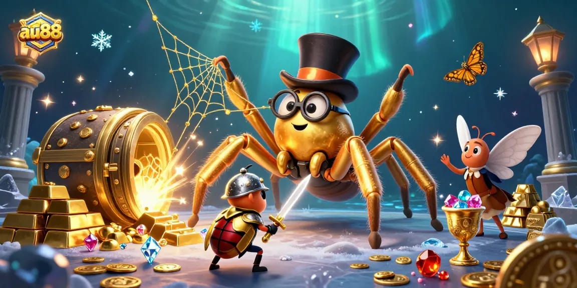 Experience the thrill of au88 with a golden tarantula and beetle knight in a vibrant casino scene.