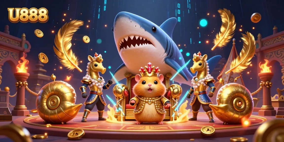 Experience U888's thrilling gaming scene with rich details of a hamster king and royal seahorse guards.